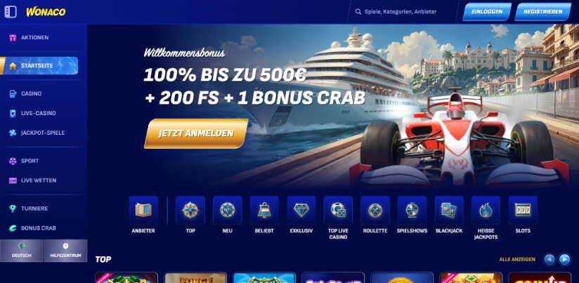 wonaco casino desktop screenshot